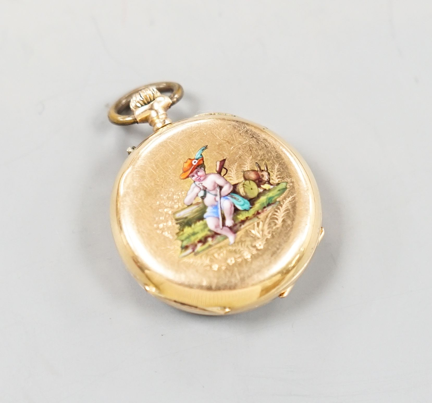 A continental 18k and enamelled open face keyless fob watch, decorated with a young boy hunting, case diameter 30mm